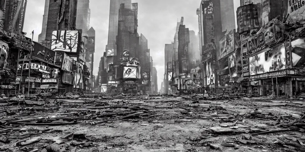 Prompt: An abandoned, post-apocalyptic Times Square, buildings in ruins. HD worth1000.com photography, award winning photos from the apocalypse, historical archive, National Geographic. Favorites on Deviantart, Trending on Artstation