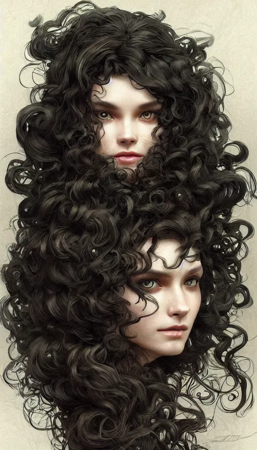 Image similar to beautiful cottagecore female model, symetrical face, black curly Hair, dark forest, intricate, elegant, highly detailed, digital painting, artstation, concept art, smooth, sharp, focus, illustration, art by artgerm and greg rutkowski and alphonse mucha