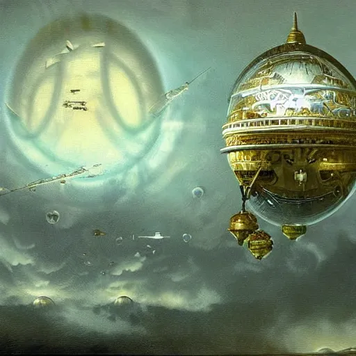 Image similar to enormous flying city in a faberge egg, sky, steampunk, fantasy art, masterpiece, hugh ferriss, digital, peder balke