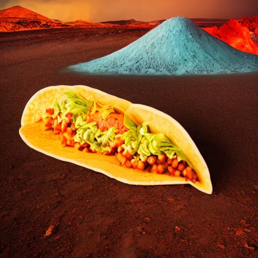 Prompt: surreal giant taco inside a volcanic landscape, award winning photography, high contrast, colorpop, beeple