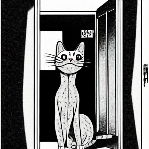 Prompt: illustration of a cat meowing in front of a door. creepy horror. manga art by Junji Ito.