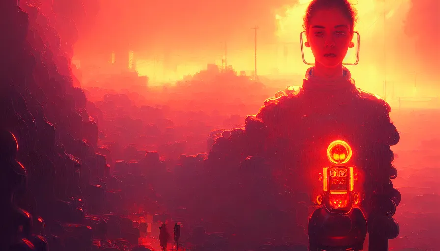 Image similar to moody portrait of a vast flaming robotic hellscape full of robotic chains and fite, path traced, environment, highly detailed, high quality, digital painting, alena aenami, lilia alvarado, shinji aramaki, karol bak, alphonse mucha, tom bagshaw