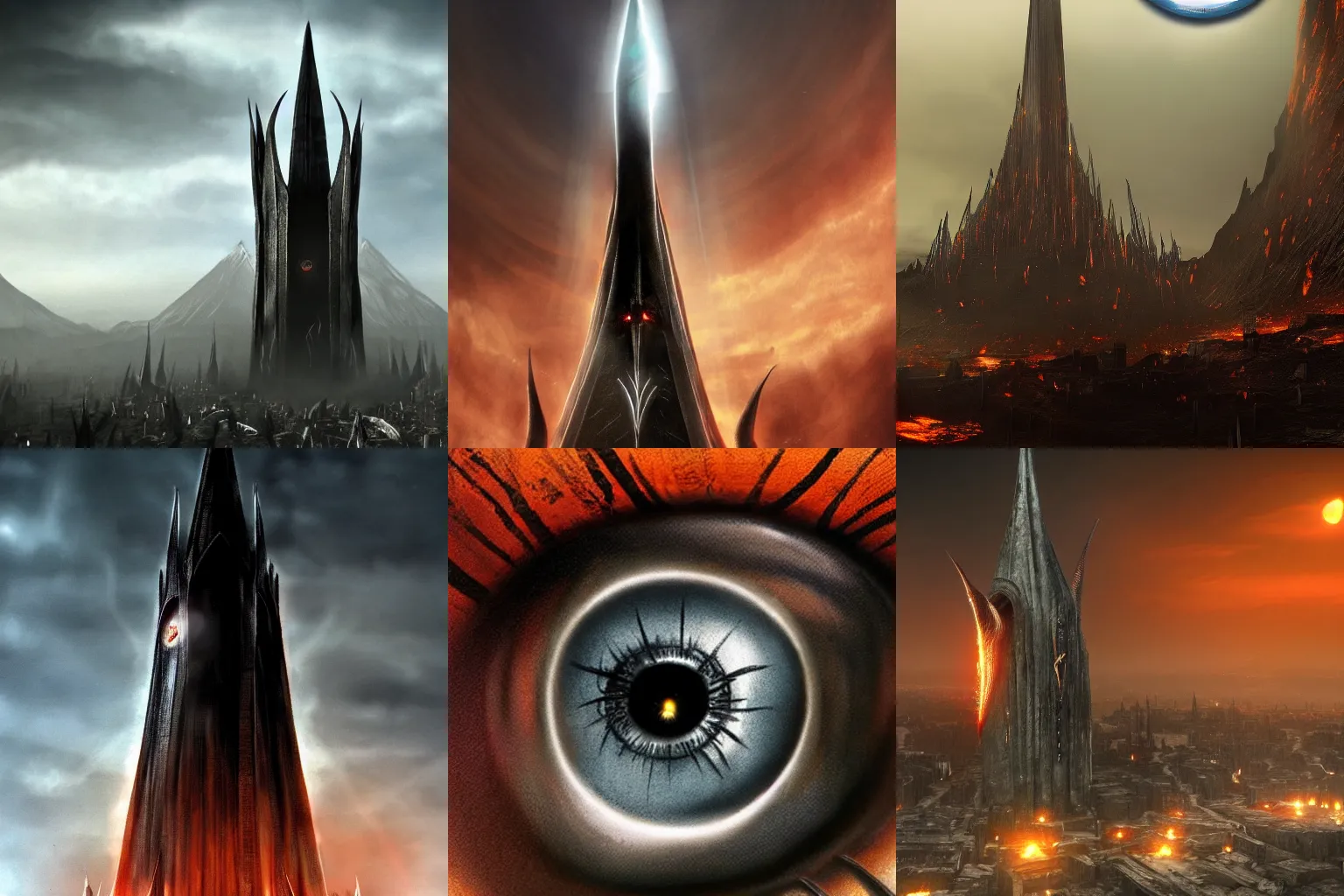 Prompt: eye of sauron tower in mordor, the lord of the rings concept art, octane render, realistic, artstation trending