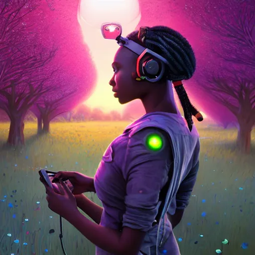 Prompt: an african cyberpunk hacker girl with her headset plugged into a giant glowing baobab tree in the middle of a field of flowers at sunset, by greg rutkowski and android jones in a surreal cyberpunk! style, oil on canvas, 8k hd,