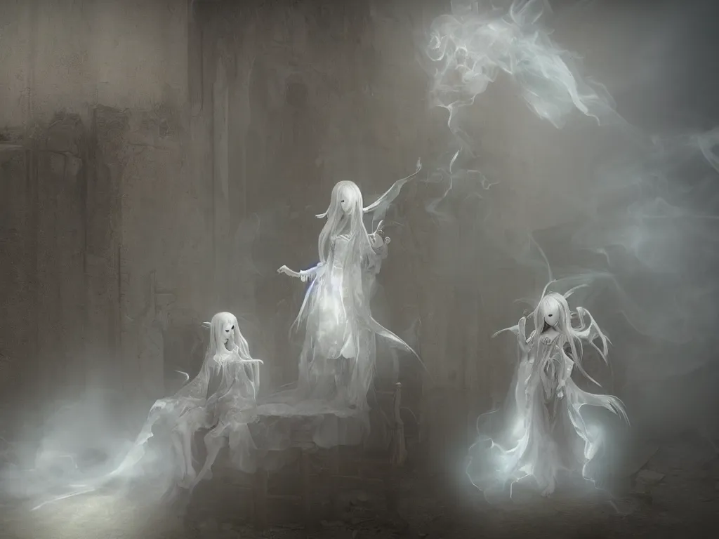 Image similar to cute fumo plush gothic angel maiden girl ghost wraith making an apparition in an abandoned watchtower, wisps of smoke and glowing volumetric fog, vignette, orthographic, vray