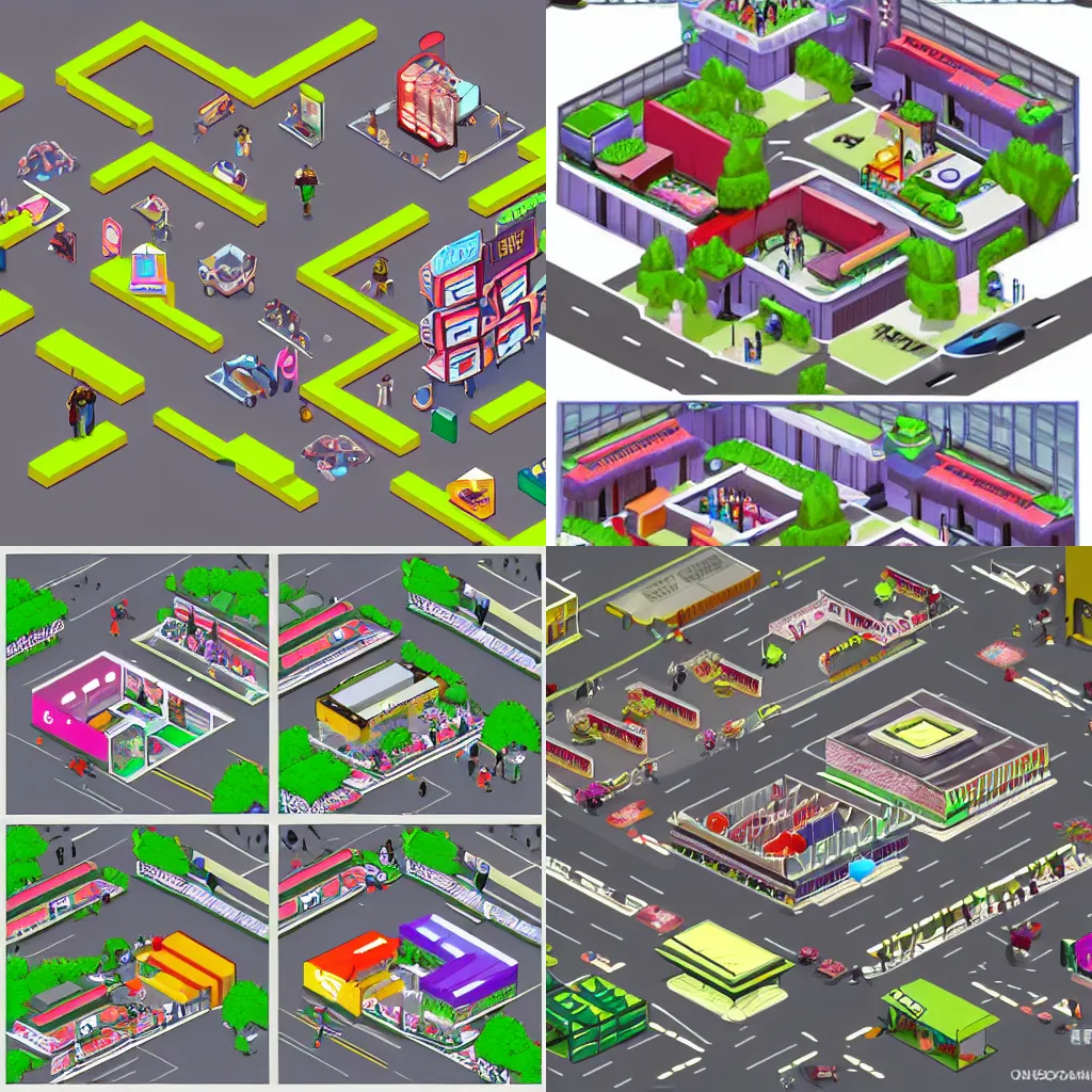 Prompt: isometric concept art of a shopping mall overrun by zombies, style of splatoon and dead rising