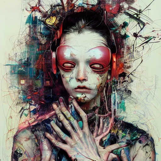 Image similar to woman in a vr headset, cyberpunk in the style of adrian ghenie, esao andrews, jenny saville,, surrealism, dark art by james jean, takato yamamoto