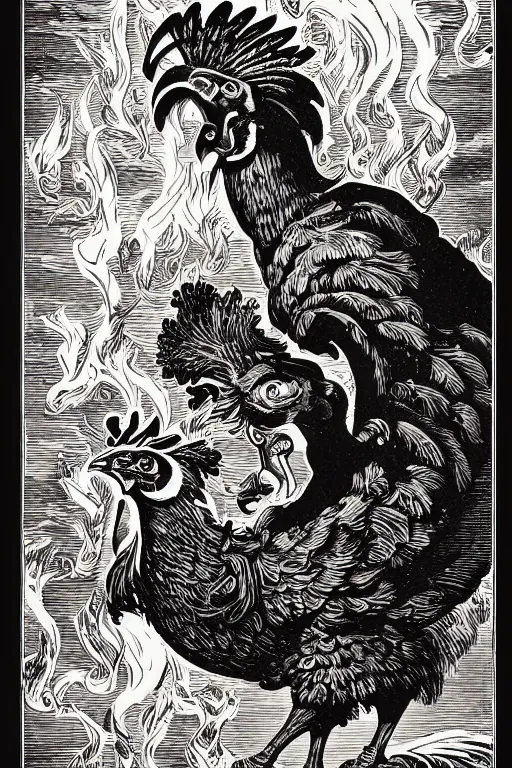 Prompt: 19th century wood-engraving of a confident muscular rooster-headed man surrounded by flames, whole page illustration from Jules Verne book titled Stardust Crusaders, art by Édouard Riou Jules Férat and Henri de Montaut, high quality, portrait, beautiful, highly detailed, removed watermarks