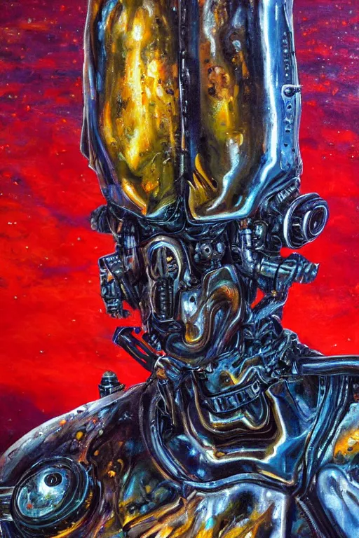 Image similar to oil painting, close-up, hight detailed, melting cyborg at red planet, in style of 80s sci-fi art