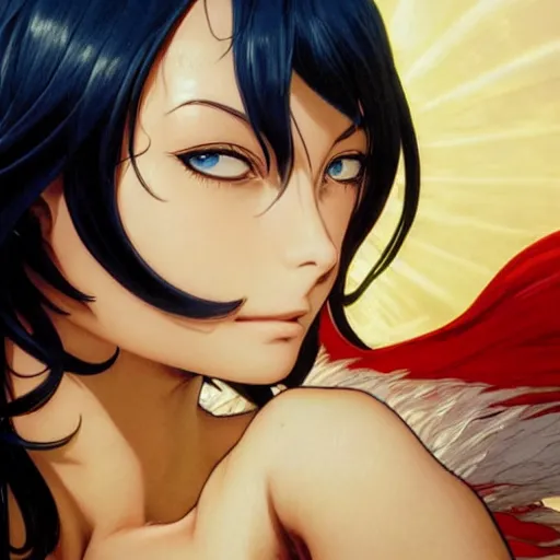 Image similar to highly detailed vfx portrait of nico robin by eiichiro oda!, makoto shinkai, alphonse mucha, sharp focus, art by artgerm and greg rutkowski!, backlit, harsh overhead sunlight, blue eyes!!, large aquiline nose!!, stanley kubrick, kaoru mori, best of behance,