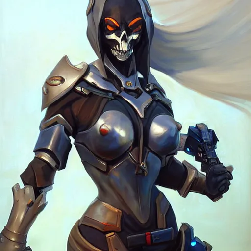 Image similar to greg manchess portrait painting of partially armored lady death as overwatch character, medium shot, asymmetrical, profile picture, organic painting, sunny day, matte painting, bold shapes, hard edges, street art, trending on artstation, by huang guangjian and gil elvgren and sachin teng