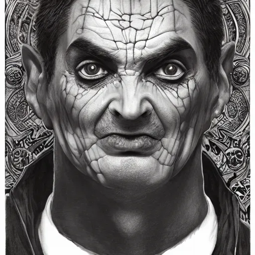 Image similar to Satanic Evil Mr. Bean with a seductive look, fullbody, psychedelic, intricate, horror, highly detailed, artstation, concept art, smooth, sharp focus, illustration, art by greg rutkowski and orientalism and bouguereau and Zdzislaw Beksinski, D&D, good clear quality, lighting, horror, evil, biology, symmetrical artwork, perfect face, 135 mm, cinematic, hyper realism, high detail, octane render, 8k, chrome accents
