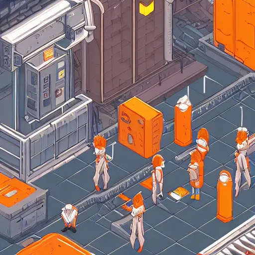 Prompt: isometric cyborg warehouse, sprite, graphic novel, visual novel cg, 8 0 s anime vibe, kimagure orange road, maison ikkoku, trending on artstation, 2 d hd, 3 2 x 3 2