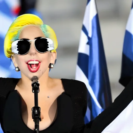 Image similar to Lady Gaga as president, Argentina presidential rally, Argentine flags behind, bokeh, giving a speech, detailed face, Argentina