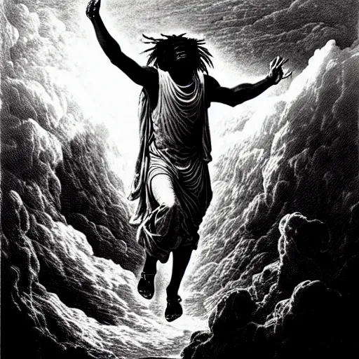Prompt: chief keef ascending into heaven, biblical image, style of gustave dore, highly detailed, beautiful, high contrast