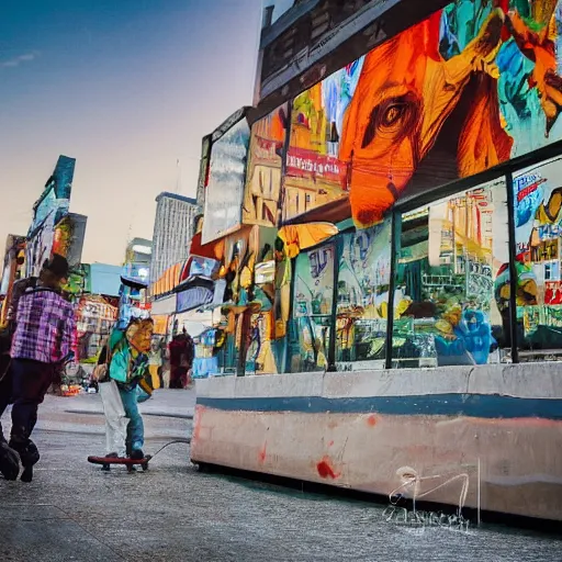 Image similar to a photo of an orange elephant on a skateboard, in times square at sunset