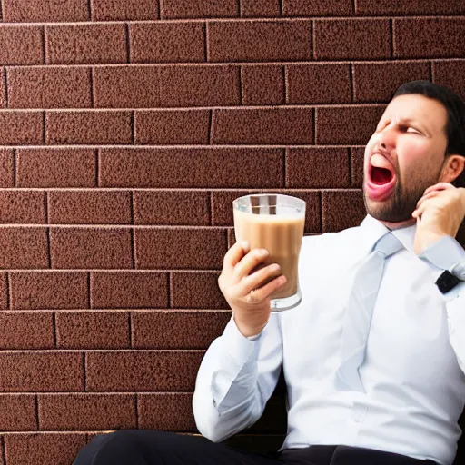 Prompt: stock photo of a businessman accidentally knocking over a glass of chocolate milk and overreacting