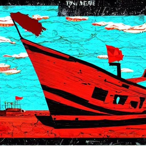 Image similar to an abandoned ship in the aral sea, in the style of daniel johnston and outsider art, 8 k, line brush, overlaid with chinese adverts
