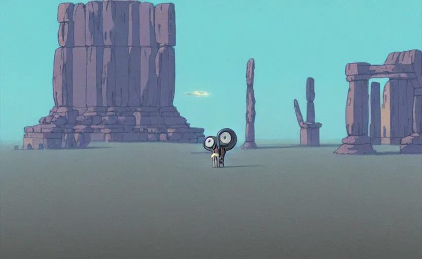 Image similar to a realistic cell - shaded studio ghibli concept art from paprika ( 2 0 0 6 ) of a flying intelligent dull grey mechanical octopus from close encounters of the third kind ( 1 9 7 7 ) in a flooded monument valley stonehenge. very dull colors, wide shot, hd, 4 k, hq