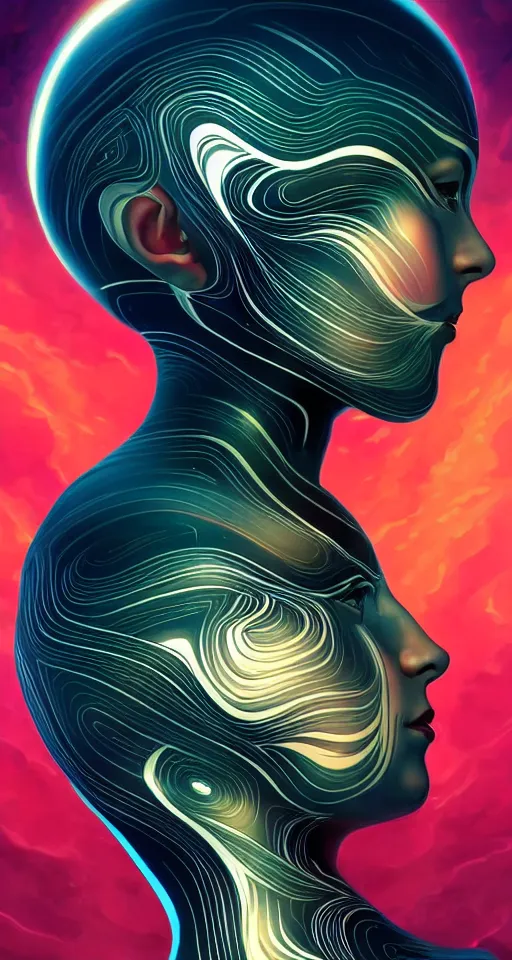 Prompt: art deco close up portait of head surrounded by spheres, digital painting curvalinear clothing cinematic dramatic fluid lines otherworldly vaporwave interesting details epic composition by artgerm