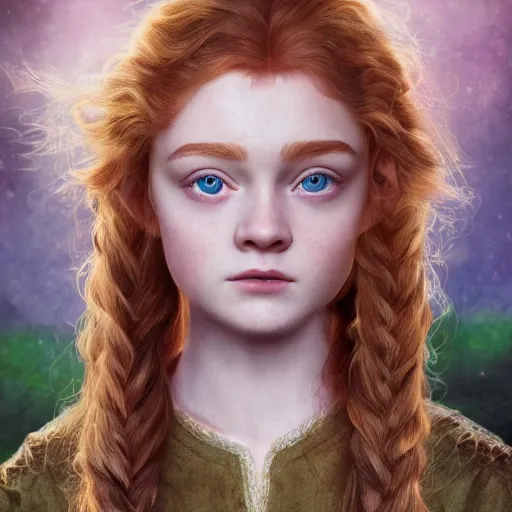 Prompt: a portrait of an elvish young girl, looking like Sadie sink, wild hairstyle, 8k, beautiful