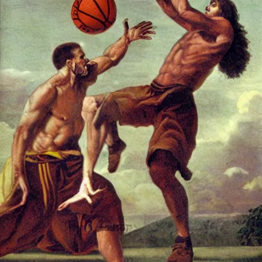 Image similar to Jesus Christ dunks a basketball over Satan