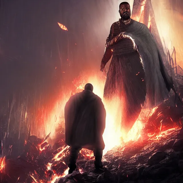 Image similar to yeezus era kanye reimagined as a boss in dark souls, dark cinematic, volumetric, realistic, cinematic lighting, ray tracing, unreal engine 5, unreal engine render, octane render, hyper realistic, photo, 8 k