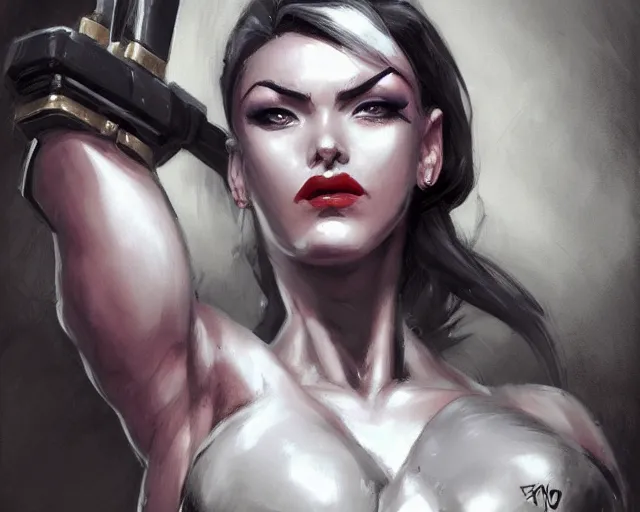 Image similar to portrait of widowmaker from overwatch as a beautiful female bodybuilder amazon with plump lips, elegant, fantasy, hd shot, digital portrait, beautiful, artstation, comic style, by artgerm, guy denning, jakub rozalski, magali villeneuve and charlie bowater