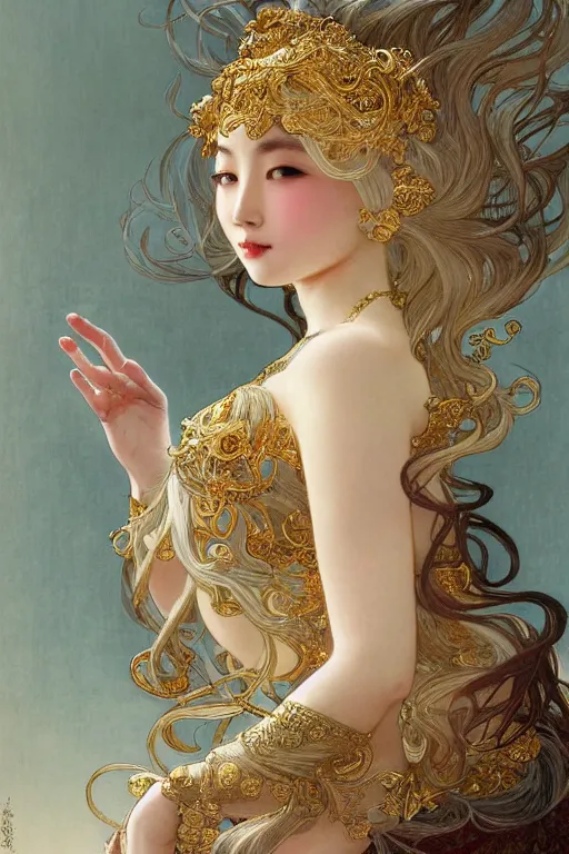 Image similar to beautiful asian girl, blonde hair, gold, god, white hair, 1 9 2 0 s fashion, fantasy, highly detailed, intricate, ethereal, highly detailed, sharp focus, artstation, digital painting, horror art, art by alphonse mucha, cedric peyravernay, tom bagshaw