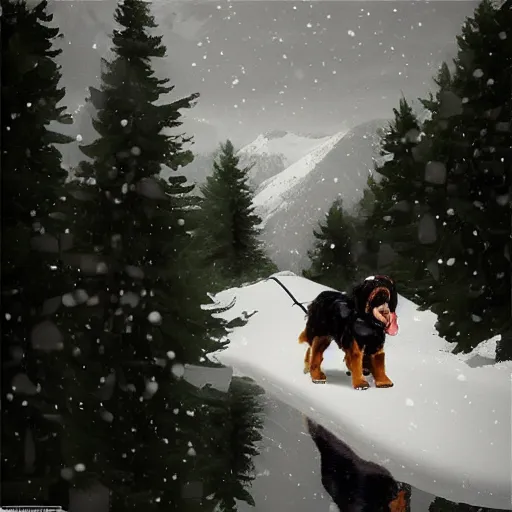 Image similar to girl riding giant Bernese Mountain Dog in the snow, trending on artstation