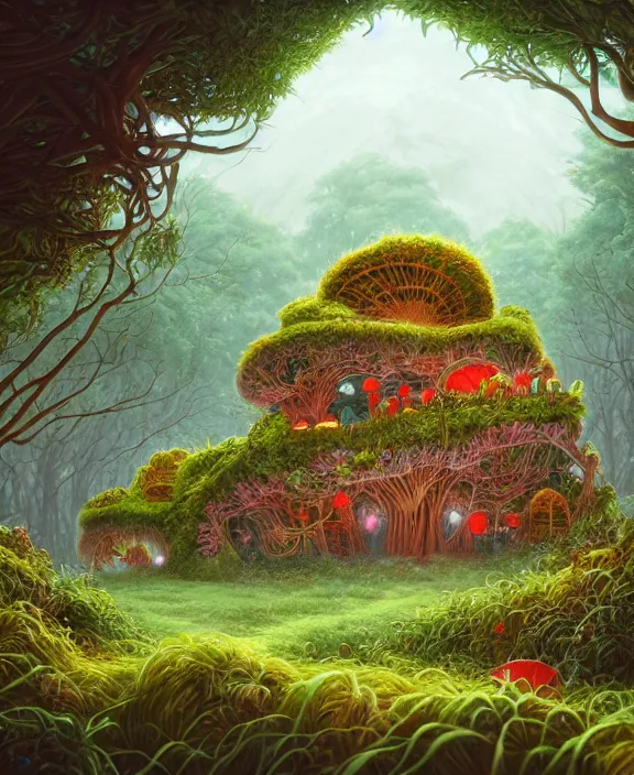 Image similar to a whimsical building made from food, overgrown with huge exotic fungus, deep in the woods, cheerful, stormy, by dan mumford, yusuke murata, makoto shinkai, ross tran, dreamy, cinematic, unreal engine, cel shaded, featured on artstation, pixiv