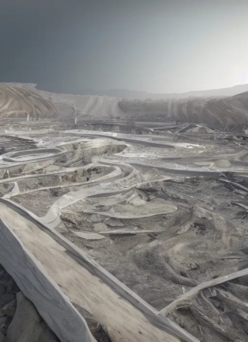 Image similar to bioremediation white architecture, in the mining tailings of chuquicamata, epic, cinematic, hyperealistic, high detailed, corona render, hdr, ray tracing