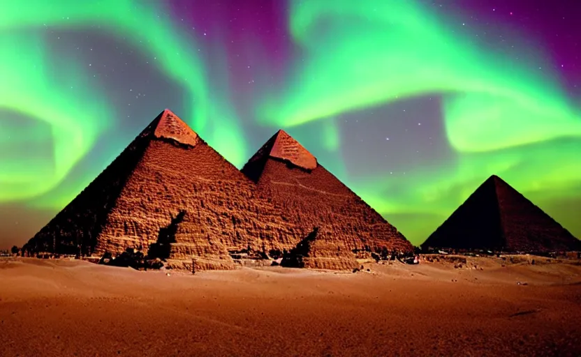 Prompt: The great pyramids with green aurora lights in the sky absolutely stunning