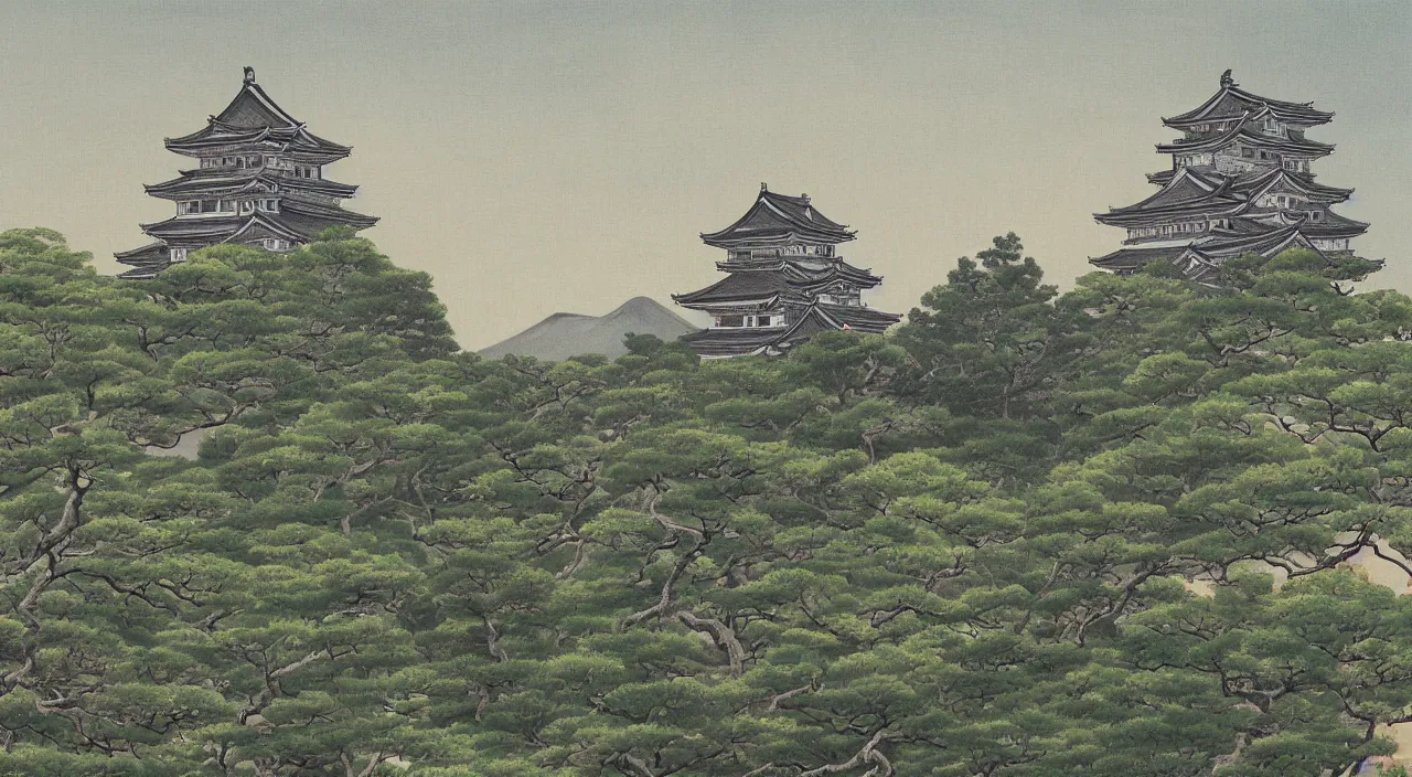 Image similar to a landscape painting of a Japanese castle