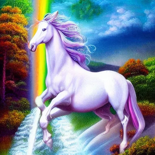 Prompt: white horse with long flowing rainbow mane standing on top of a hill with a waterfall detailed magical realism painting in the style of jacqueline wall