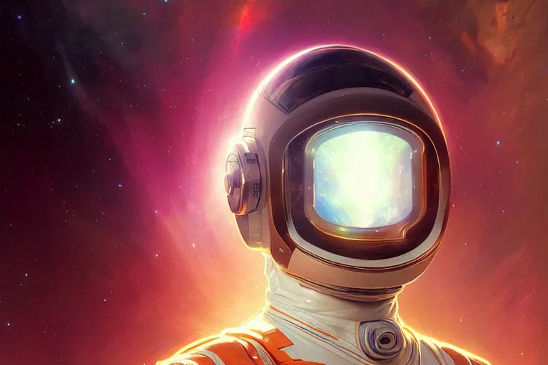 Image similar to Portrait of a Futuristic astronaut reflective visor reflecting a nebula supernova in space, portrait, elegant, intricate, digital painting, artstation, concept art, smooth, sharp focus, illustration, art by artgerm and greg rutkowski and alphonse mucha