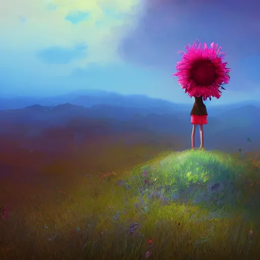 Prompt: closeup, giant flower head, girl standing on cliff, surreal photography, sunrise, blue sky, dramatic light, impressionist painting, digital painting, artstation, simon stalenhag