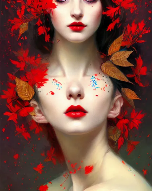 Image similar to highly detailed beautiful pale skin hippie, black hair, flying leaves on backround, symmetrical, red lips, paint by ilya repin and anna dittman trending on artstation, intricate details, energetic composition, golden ratio, concept art, illustration, elegant art