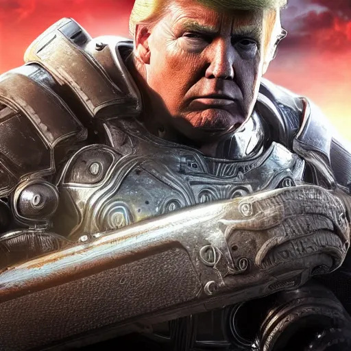 Prompt: Photo portrait of Donald Trump as Crusader!! in Gears of War, splash art, movie still, detailed face, photorealistic facial features, cinematic lighting, dramatic, octane render, long lens, shallow depth of field, bokeh, anamorphic lens flare, 8k, hyper detailed, 35mm film grain