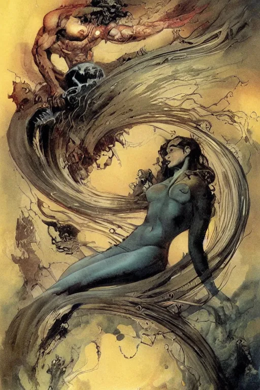 Prompt: dream filaments tightly spun into magical whirlpool of infinite crystalline spiral, illustration by frank frazetta