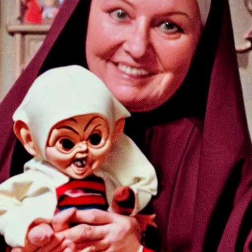 Prompt: a nun in church holding chucky the evil killer doll on her lap