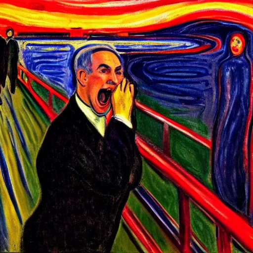 Image similar to portrait of benjamin netanyahu screaming on a bridge, hands on face, sunset, by edvard munch