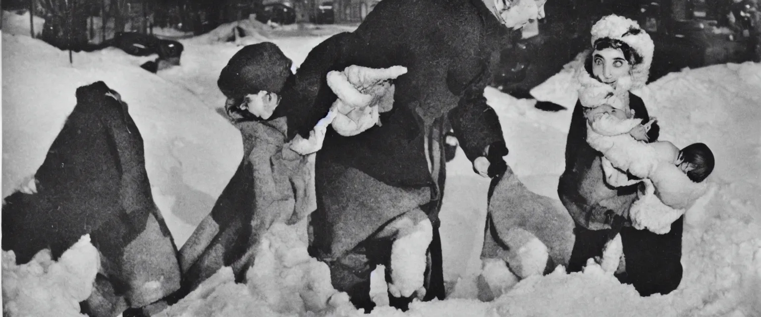 Image similar to weegee portrait of a woman holding a baby in the snow at night