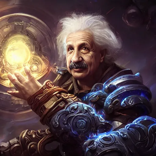 Image similar to portrait of albert einstein as a spellcaster, league of legends amazing splashscreen artwork, gears of war, splash art, natural light, elegant, photorealistic facial features, intricate, fantasy, detailed face, atmospheric lighting, anamorphic lens flare, cinematic lighting, league of legends splash art, hd wallpaper, ultra high details by greg rutkowski