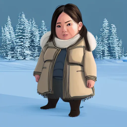 Image similar to a young inuit woman with chubby cheeks. she's wearing a winter coat and has a pet dog standing beside her. artstation, character concept, sharp focus