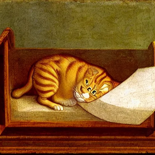 Image similar to garfield in his bed by leonardo davinci