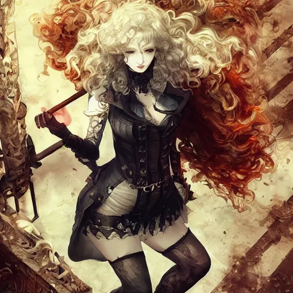 Image similar to christina hendricks!!!!! goth!!!!!, tankoban, 4 k, tone mapping, akihiko yoshida, james jean andrei riabovitchev marc simonetti, yoshitaka amano, long hair, curly, h. hydrochaeri