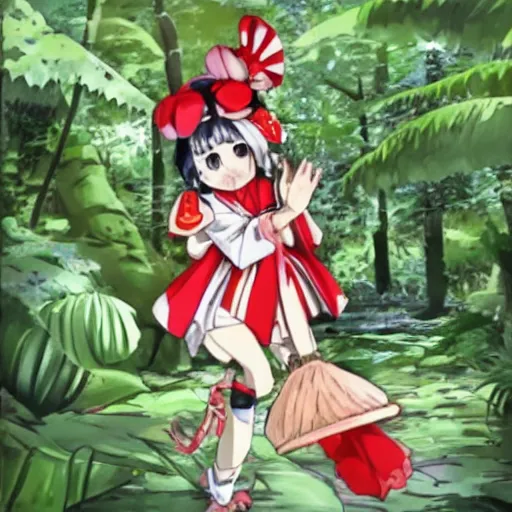 Image similar to a genga of reimu in the jungle wearing bonnet