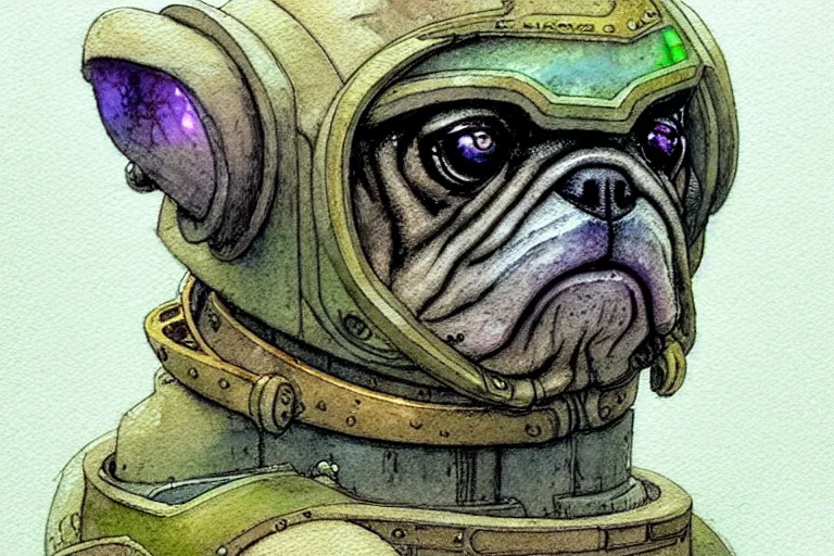Prompt: a simple and atmospheric watercolour fantasy character concept art portrait of a mechanized android pug as a druidic warrior wizard looking at the camera with an intelligent gaze, very muted colors, by rebecca guay, michael kaluta, charles vess and jean moebius giraud