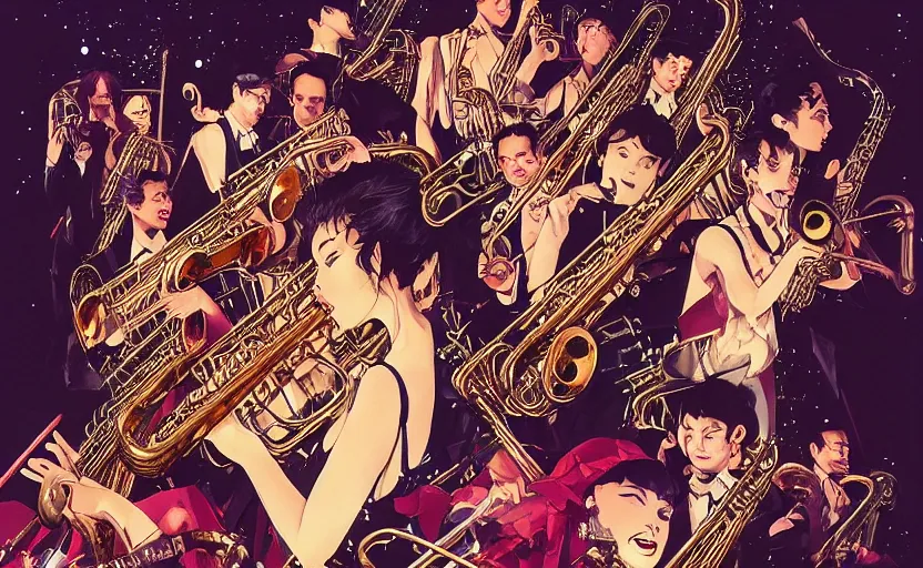 Image similar to the jazz band dream with musicians and one beautiful and glamorous woman singer, behance hd artstation, by yoichi hatakenaka, masamune shirow, josan gonzales and dan mumford, ayami kojima, takato yamamoto, barclay shaw, karol bak, yukito kishiro